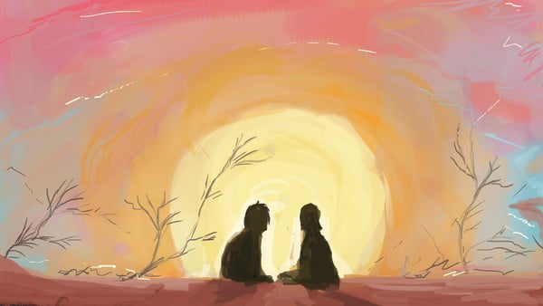Ein Gemälde mit zwei Menschen, die zwischen einigen Büschen vor der untergehenden Sonne sitzen.