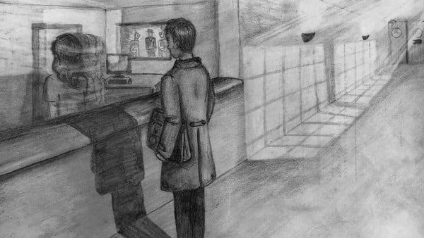 Bleistiftskizze von einem Mann, der in einem Krankenhausflur an einem Tresen steht. Hinter dem Tresen rast eine Frau herum.